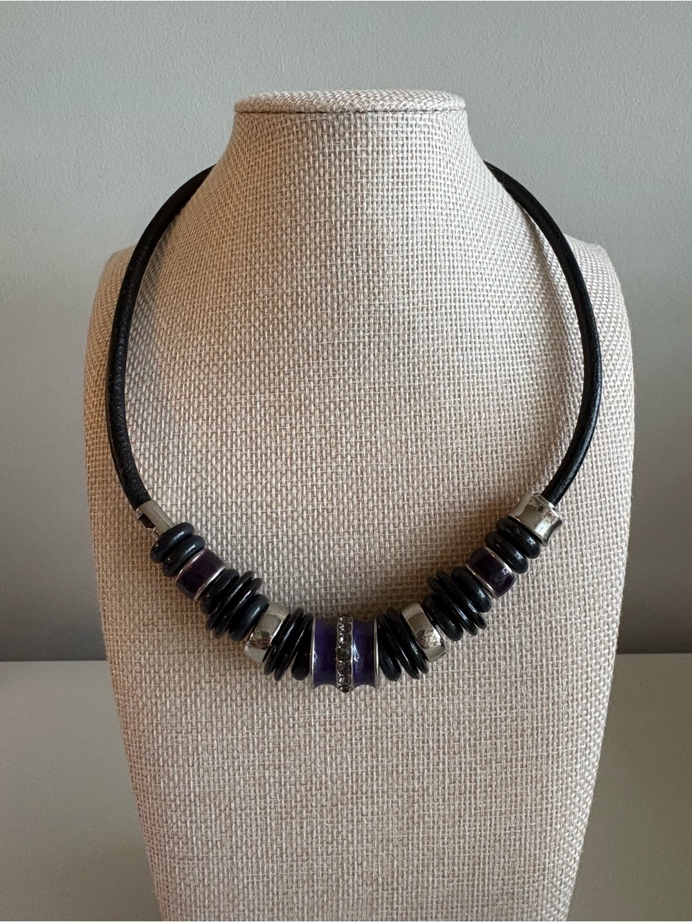 Chico’s Black Purple Silver Tone Rhinestone Statement Collar Necklace